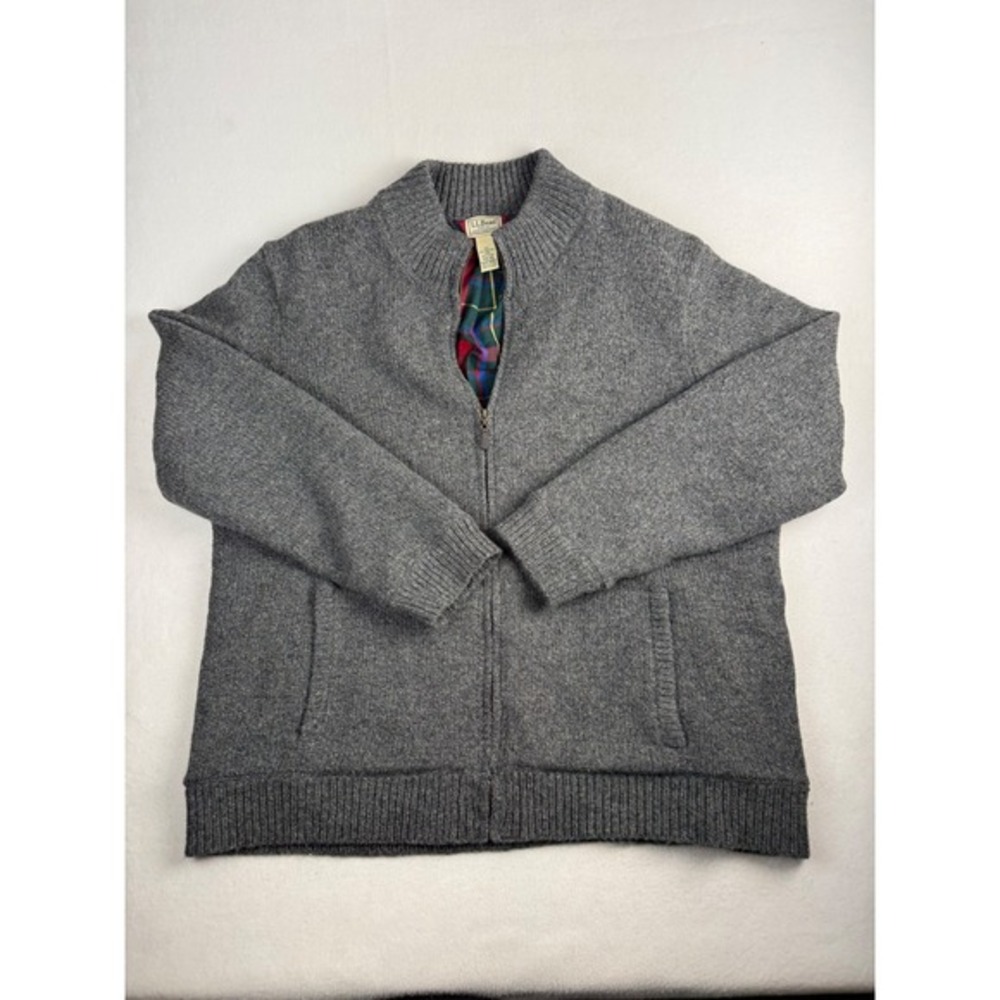 LL Bean Mens 3XL Lambswool Full Zip Cardigan Sweater Plaid Lined‎ Grey 500921